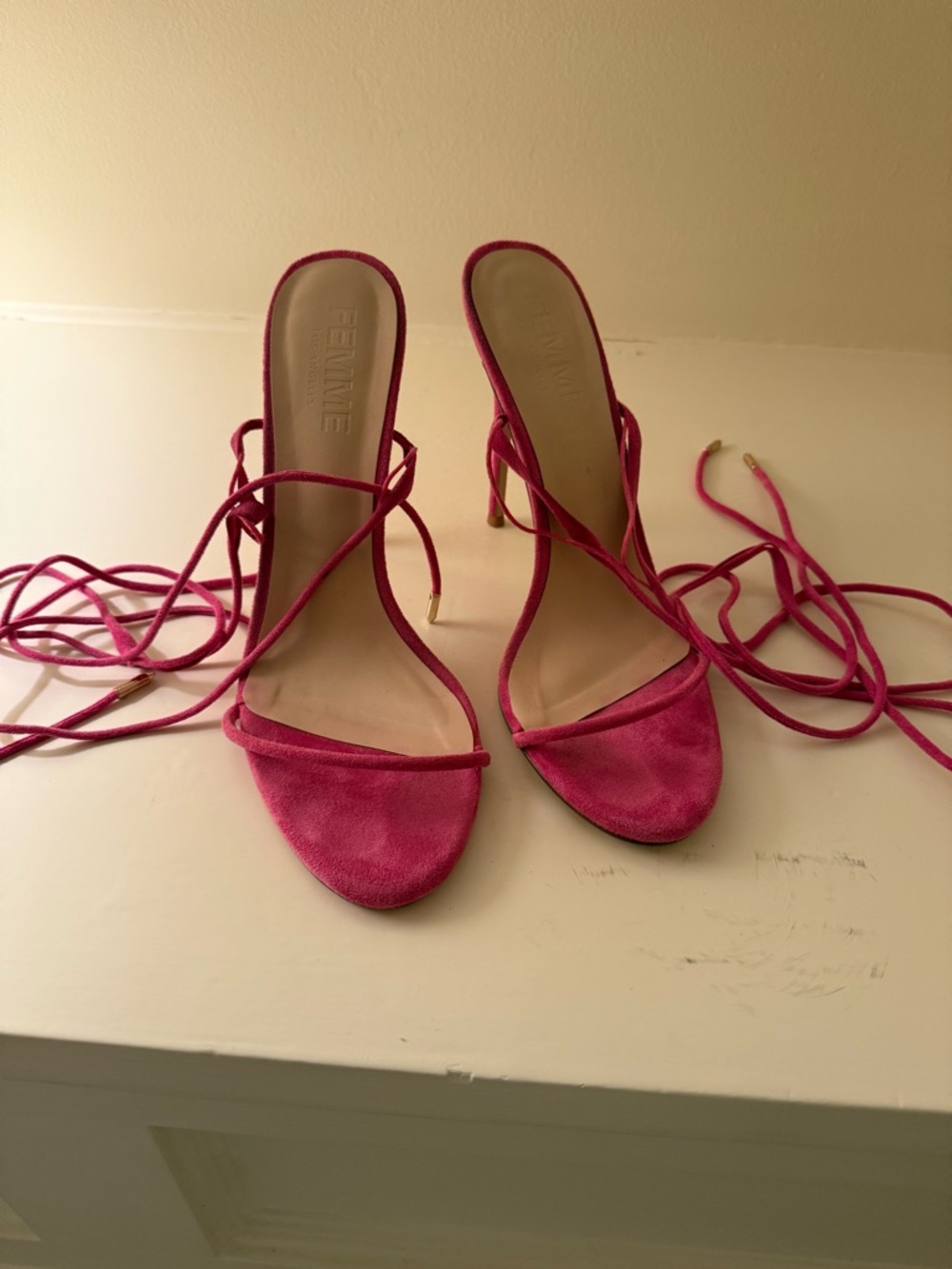 La Femme Hot Pink Lace-Up Stiletto Sandals